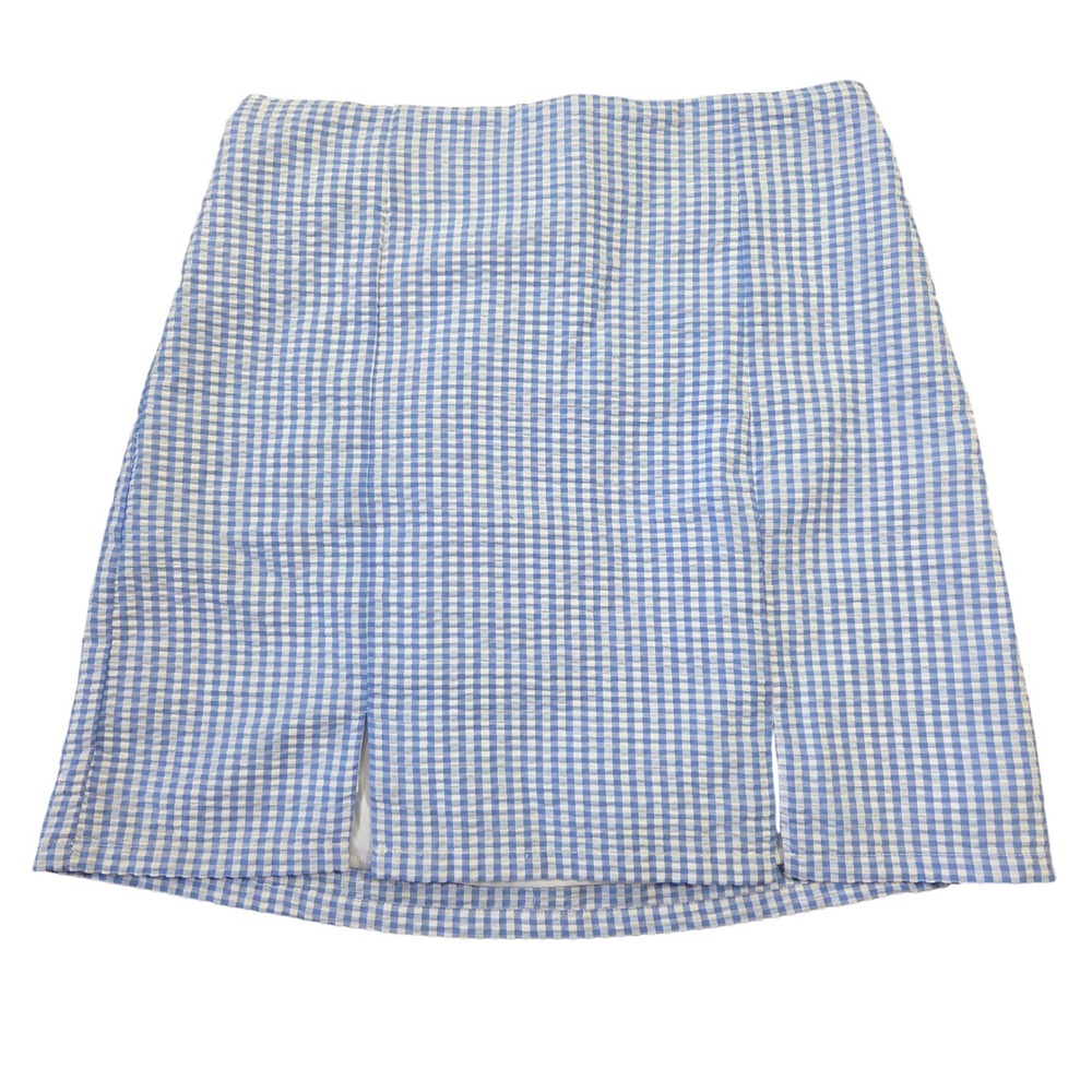 No Boundaries Blue White Gingham Mini Skirt Double Slit Seersucker‎ XS 0-2 Cutie